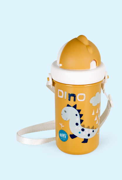 ELFI Flašica sa slamčicom FANTASY, 360 ml Dino sa trakom i zatvorenim poklopcem, žuta boja