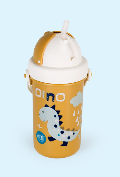 ELFI Flašica sa slamčicom FANTASY, 360 ml Dino sa trakom i otvorenim poklopcem, žuta boja